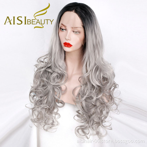 Aisi Beauty Wholesale Vendor Ombre Gray Big Curly Wave Wig Long Wavy Swiss Lace Synthetic Hair For Black Women Lace Front Wig